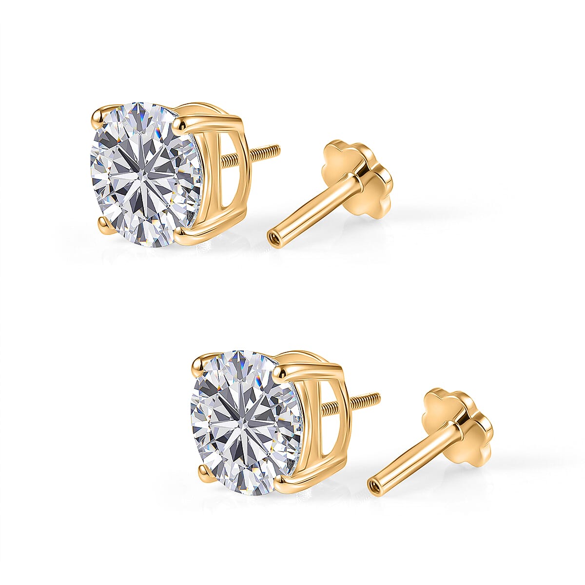D'Joy - Moissanite Solitaire Stud Earring with Screw Back in Yellow Gold Plated Sterling Silver 3.60 Ct.