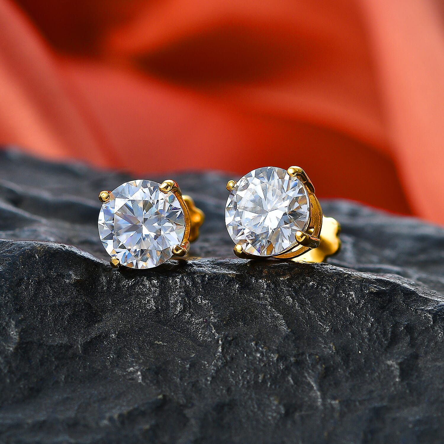 Royal Bali Collection - D'Joy Moissanite Solitaire Stud Earring with Screw Back in Yellow Gold Plated Sterling Silver 3.60 Ct.