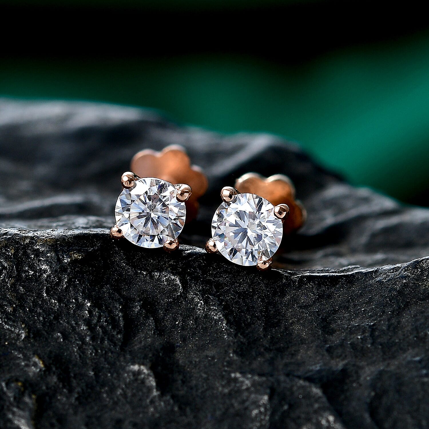 Royal Bali Collection - Moissanite Solitaire Stud Earring with Screw Back in Rose Gold Plated Sterling Silver