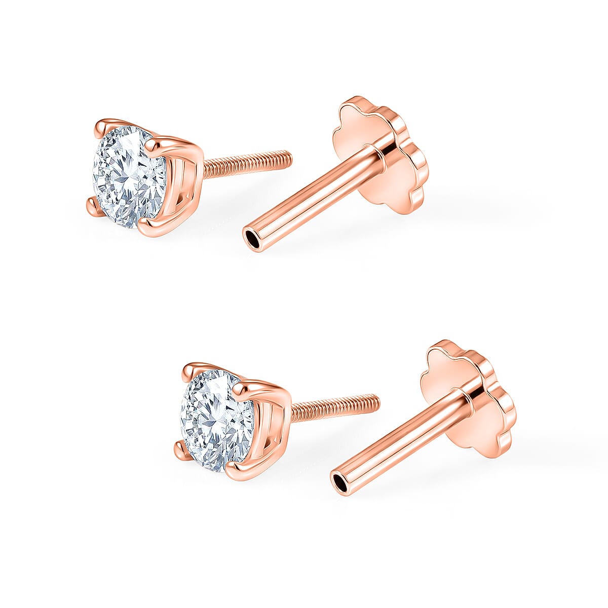 Royal Bali Collection - Moissanite Solitaire Stud Earring with Screw Back in Rose Gold Plated Sterling Silver