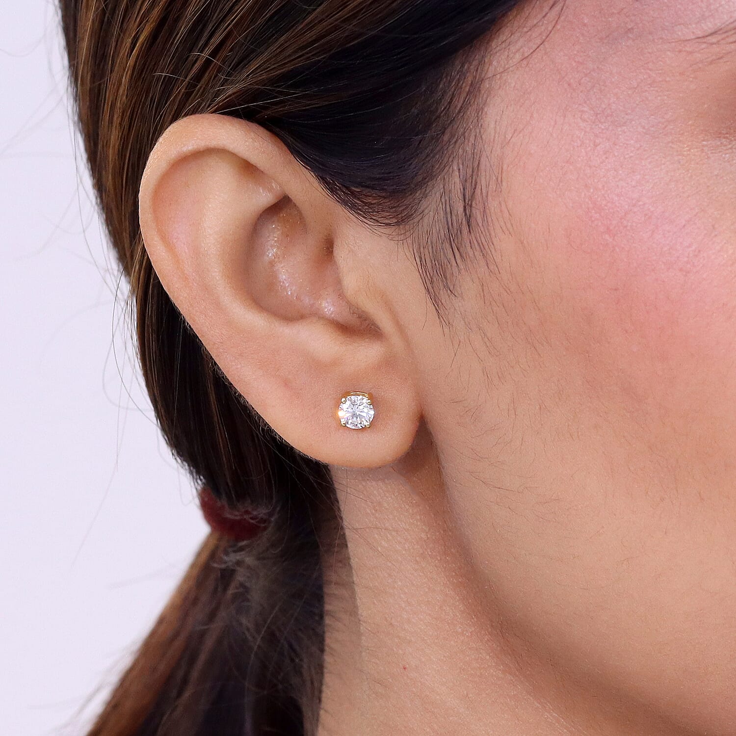 Moissanite Solitaire Stud Earring with Screw Back in Yellow Gold Plated Sterling Silver