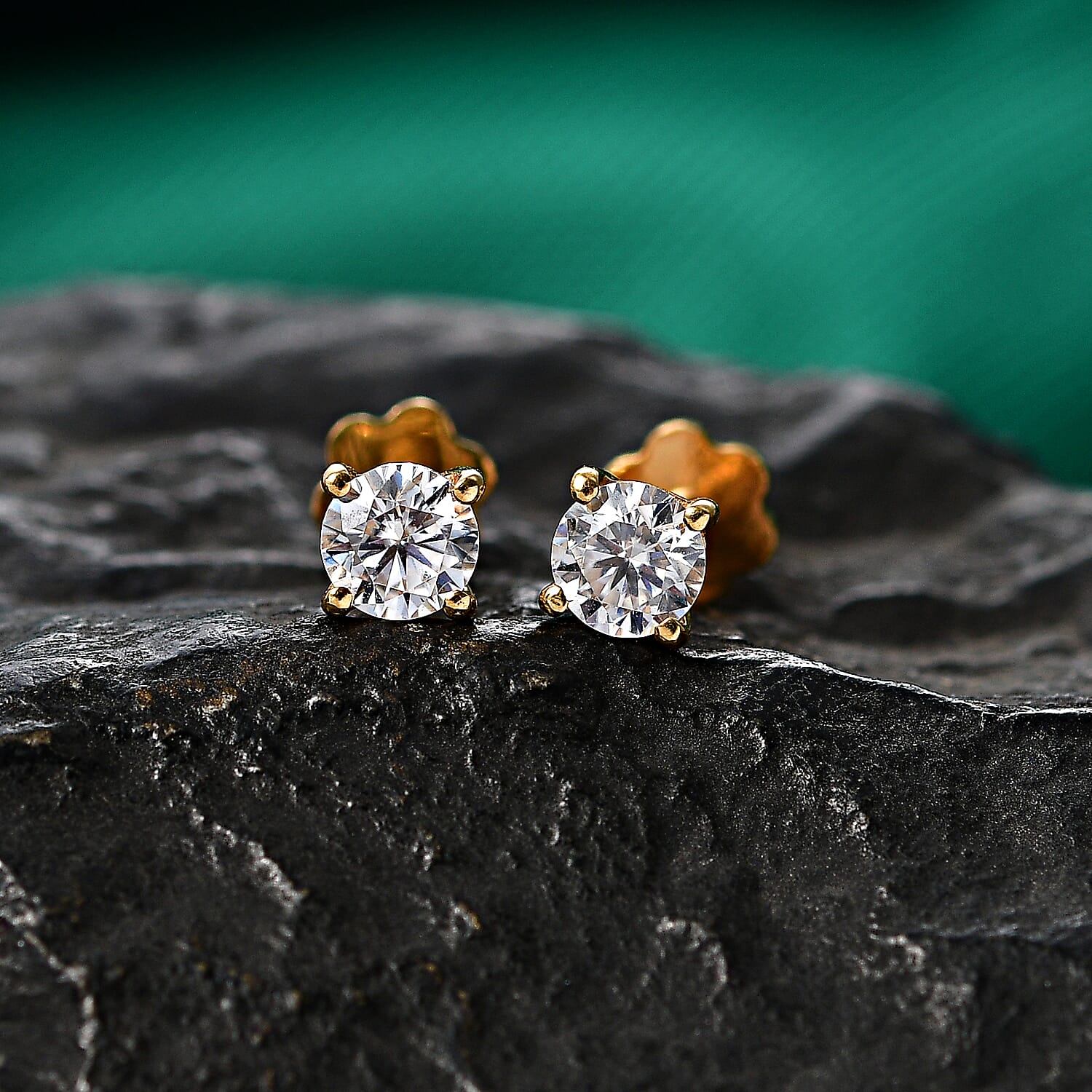 Moissanite Solitaire Stud Earring with Screw Back in Yellow Gold Plated Sterling Silver