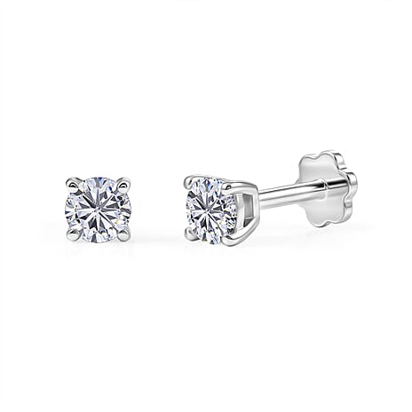 Royal Bali Collection - Moissanite Solitaire Stud Earring with Screw Back in Platinum Overlay Sterling Silver
