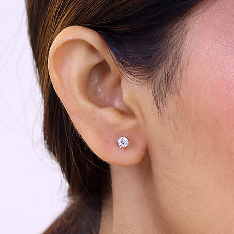 Moissanite Solitaire Stud Earring with Screw Back in Platinum Overlay Sterling Silver