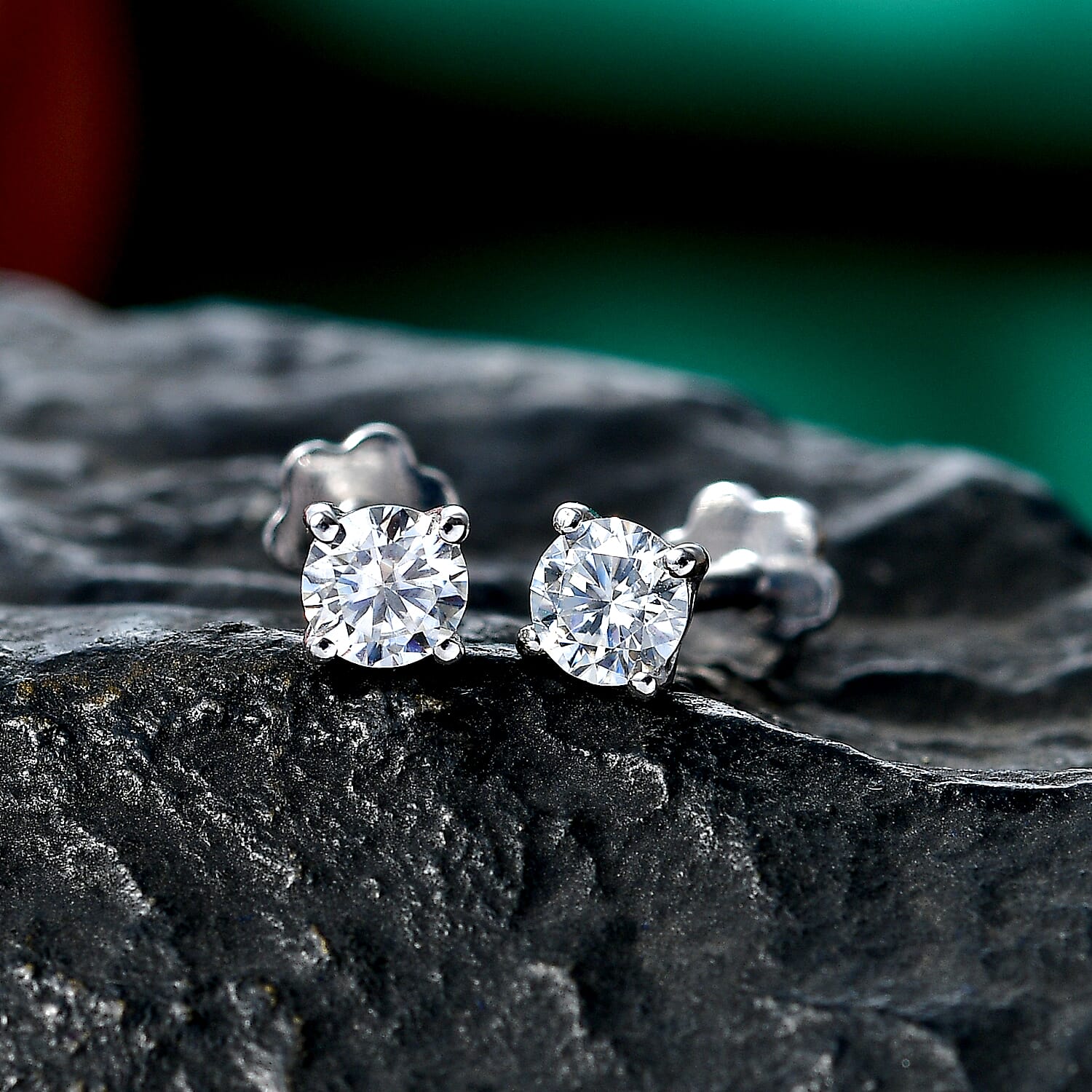 Moissanite Solitaire Stud Earring with Screw Back in Platinum Overlay Sterling Silver