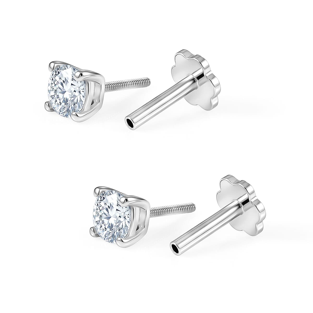 Moissanite Solitaire Stud Earring with Screw Back in Platinum Overlay Sterling Silver