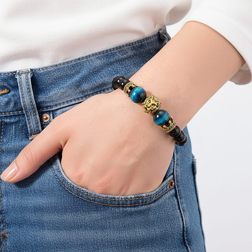 Blue Tigers Eye & Natural Shungite Adjustable Lion Bracelet 70.00 Ct.