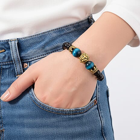 Blue Tigers Eye & Natural Shungite Adjustable Lion Bracelet 70.00 Ct.