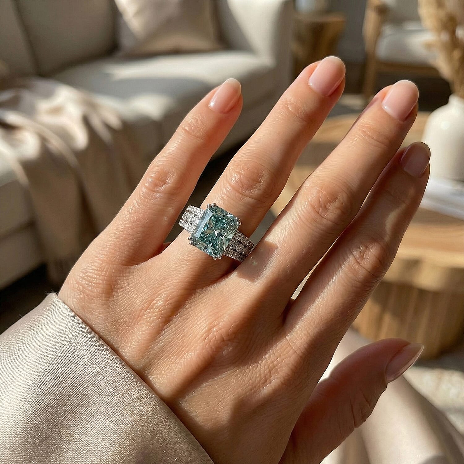 D'Joy Paraiba Moissanite Main Stone With Side Stone Ring in Rhodium OverlaySterling Silver  3.140  Ct.