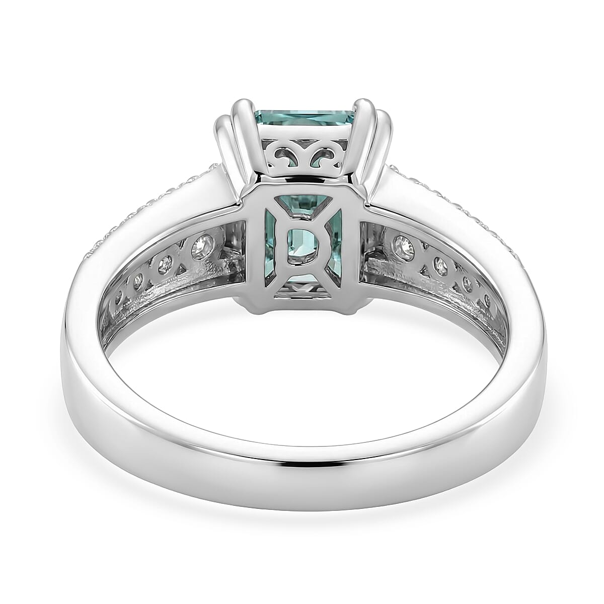 D'Joy Paraiba Moissanite Main Stone With Side Stone Ring in Rhodium OverlaySterling Silver  3.140  Ct.