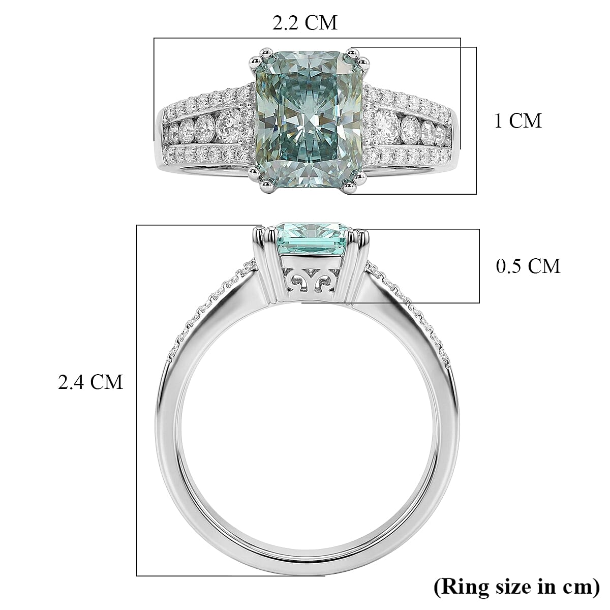 D'Joy Paraiba Moissanite Main Stone With Side Stone Ring in Rhodium OverlaySterling Silver  3.140  Ct.