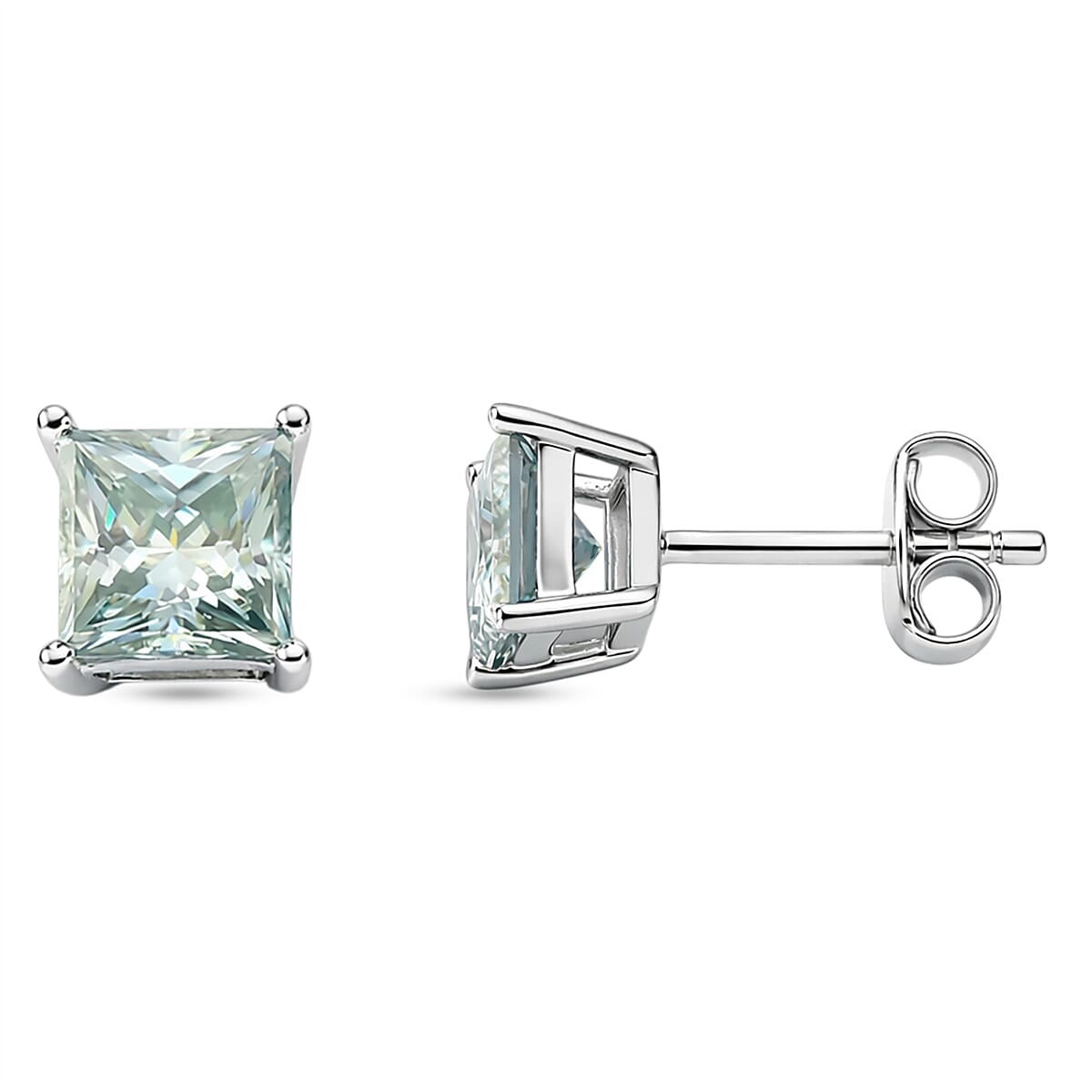 D'Joy Paraiba Moissanite Solitaire Stud Earring with Push Back in Rhodium Overlay Sterling Silver 1.82 Ct.