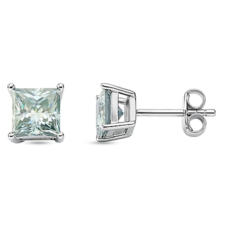 D'Joy Paraiba Moissanite Solitaire Stud Earring with Push Back in Rhodium Overlay Sterling Silver 1.82 Ct.
