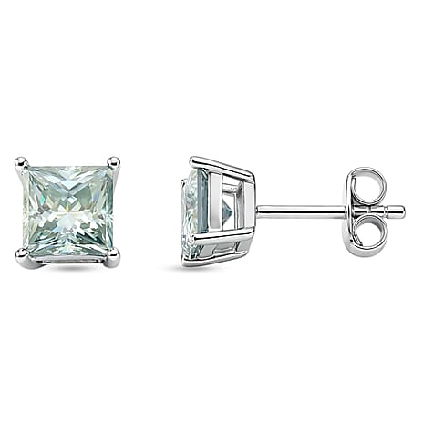 D'Joy Paraiba Moissanite Solitaire Stud Earring with Push Back in Rhodium Overlay Sterling Silver 1.82 Ct.
