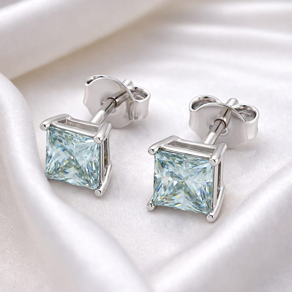 D'Joy Paraiba Moissanite Solitaire Stud Earring with Push Back in Rhodium Overlay Sterling Silver 1.82 Ct.