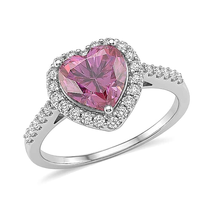 Premium Pink Moissanite Halo Heart Ring in Rhodium Overlay Sterling Silver 2.40 Ct.