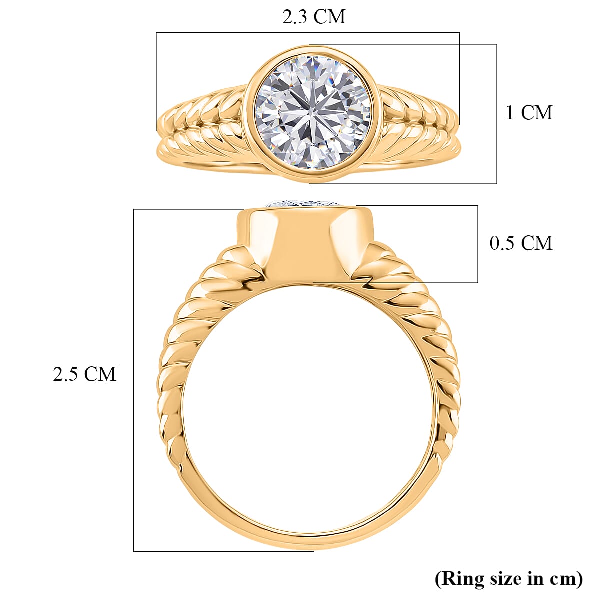 D'Joy Moissanite Solitaire Ring in Yellow Gold Plated Sterling Silver 2.00 Ct.