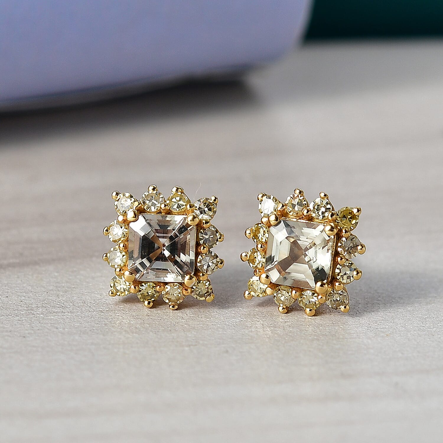 D'Joy AAA Natural Turkizite (Asscher Cut) & Lab Grown Yellow Diamond (SI) Earrings in 18K Vermeil Yellow Gold Sterling Silver  2.00 Ct.