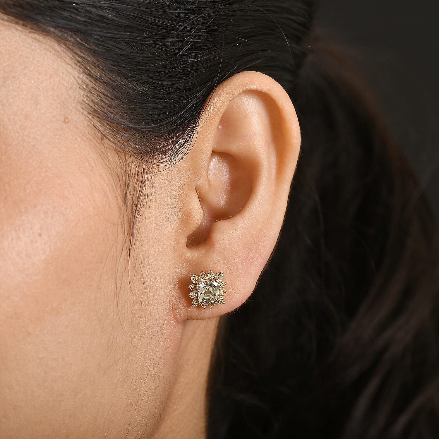 D'Joy AAA Natural Turkizite (Asscher Cut) & Lab Grown Yellow Diamond (SI) Earrings in 18K Vermeil Yellow Gold Sterling Silver  2.00 Ct.