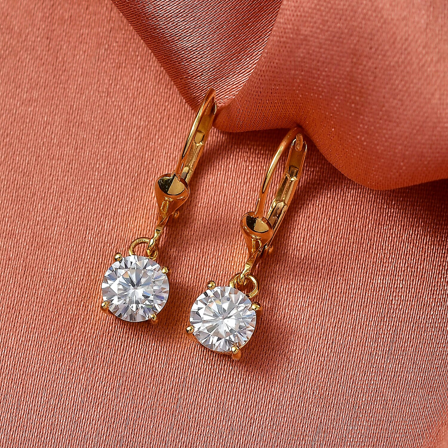 D'Joy Moissanite Earring with Lever Back in Yellow Gold Plated Sterling Silver 1.53 Ct.