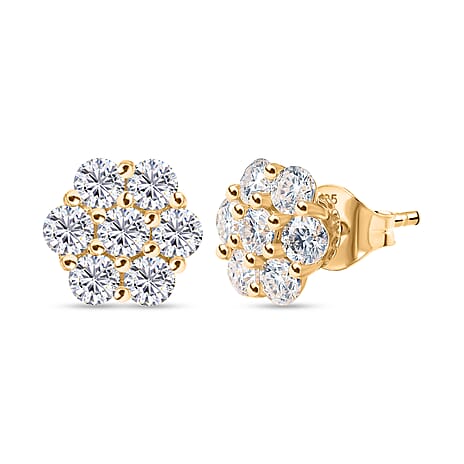 D'Joy Moissanite Cluster Earring with Push Back in Yellow Gold Plated Sterling Silver 1.58 Ct.