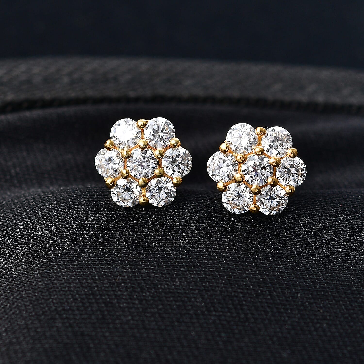 D'Joy Moissanite Cluster Earring with Push Back in Yellow Gold Plated Sterling Silver 1.58 Ct.