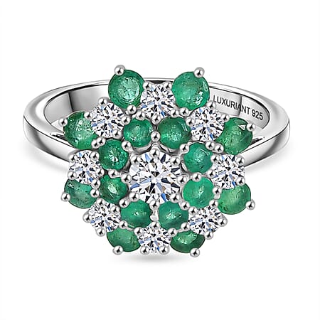 Luxuriant AAA Gemfields Zambian Emerald & SI-GH Lab Grown Diamond Floral Ring in Rhodium Overlay Sterling Silver 2.23 Ct