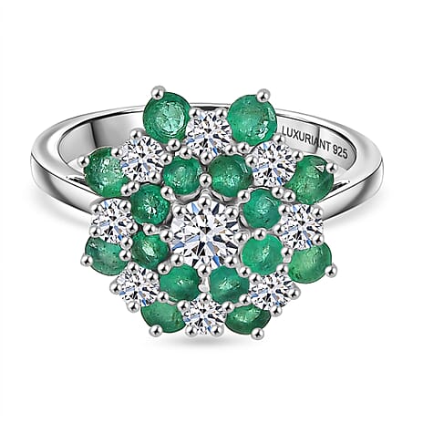 Luxuriant AAA Gemfields Zambian Emerald & SI-GH Lab Grown Diamond Floral Ring in Rhodium Overlay Sterling Silver 2.23 Ct