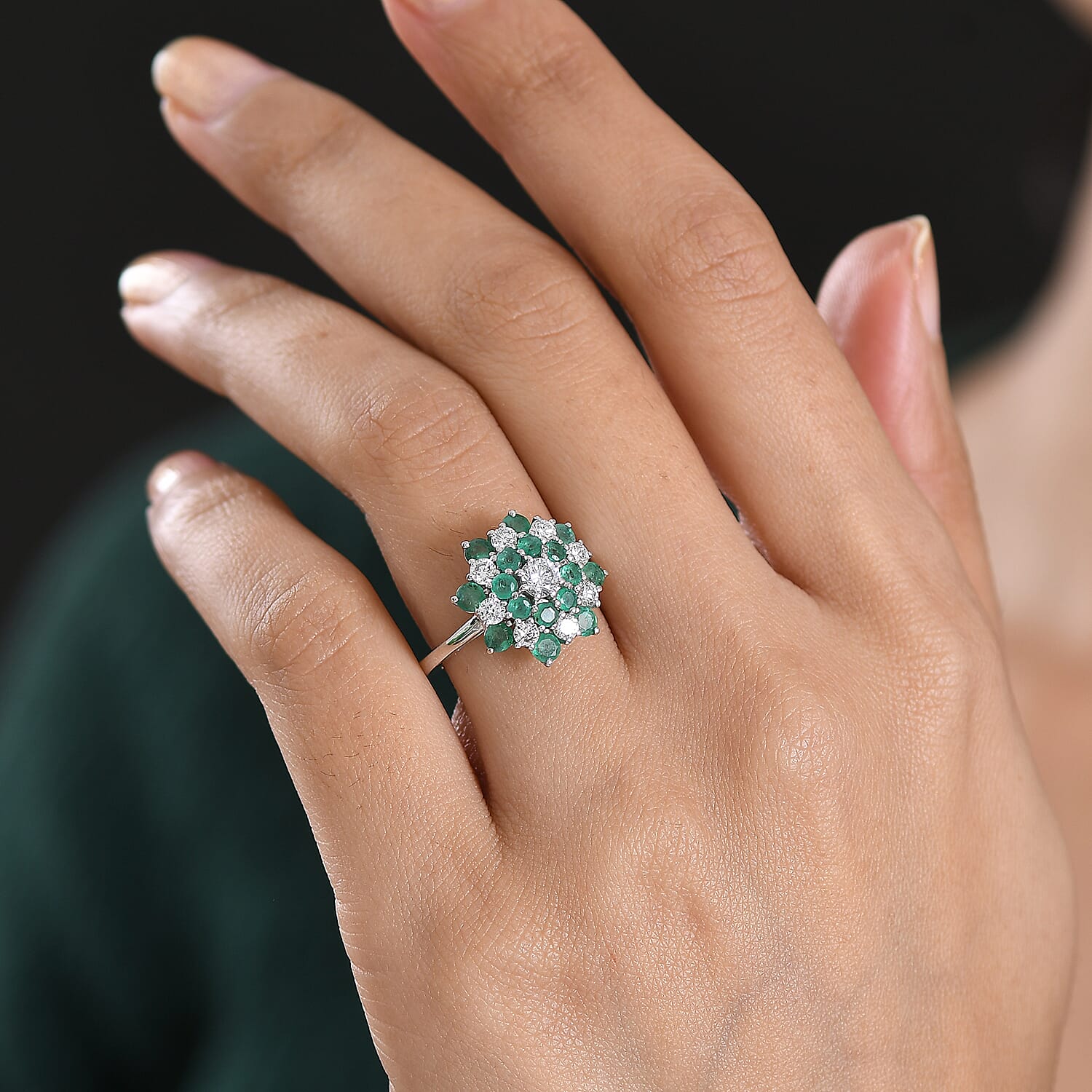 Luxuriant AAA Gemfields Zambian Emerald & SI-GH Lab Grown Diamond Floral Ring in Rhodium Overlay Sterling Silver 2.23 Ct