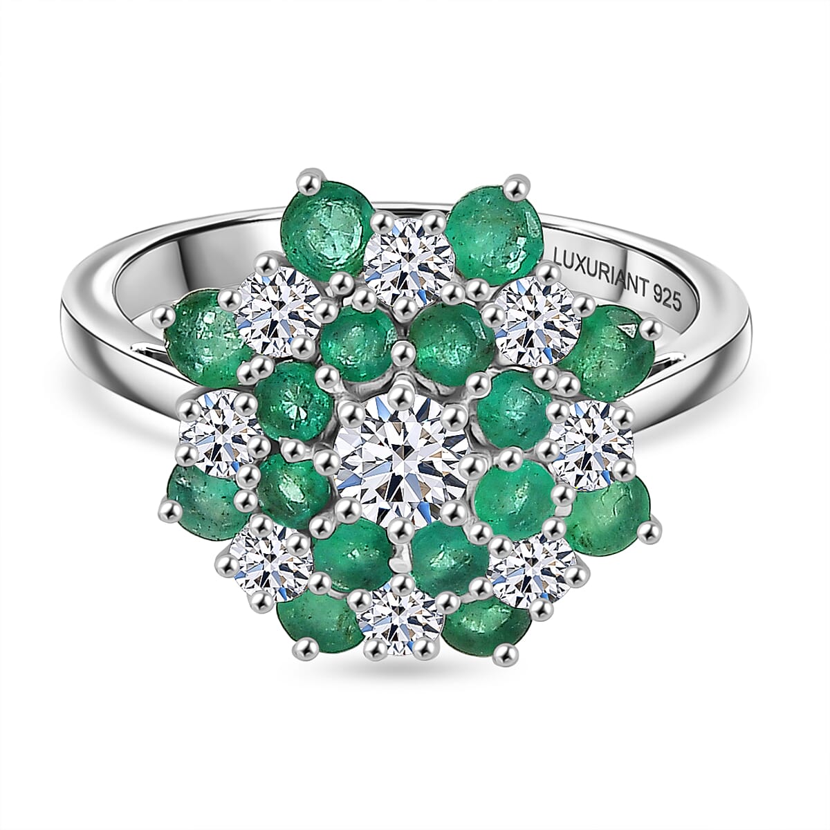 Luxuriant AAA Premium  Gemfields Zambian Emerald & SI-GH Lab Grown Diamond Floral Ring in Rhodium Overlay Sterling Silver 2.23 Ct