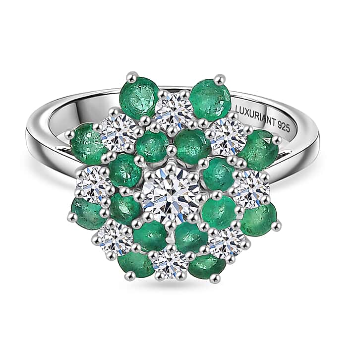 Luxuriant AAA Premium Gemfields Zambian Emerald & SI-GH Lab Grown Diamond Floral Ring in Rhodium Overlay Sterling Silver 2.23 Ct