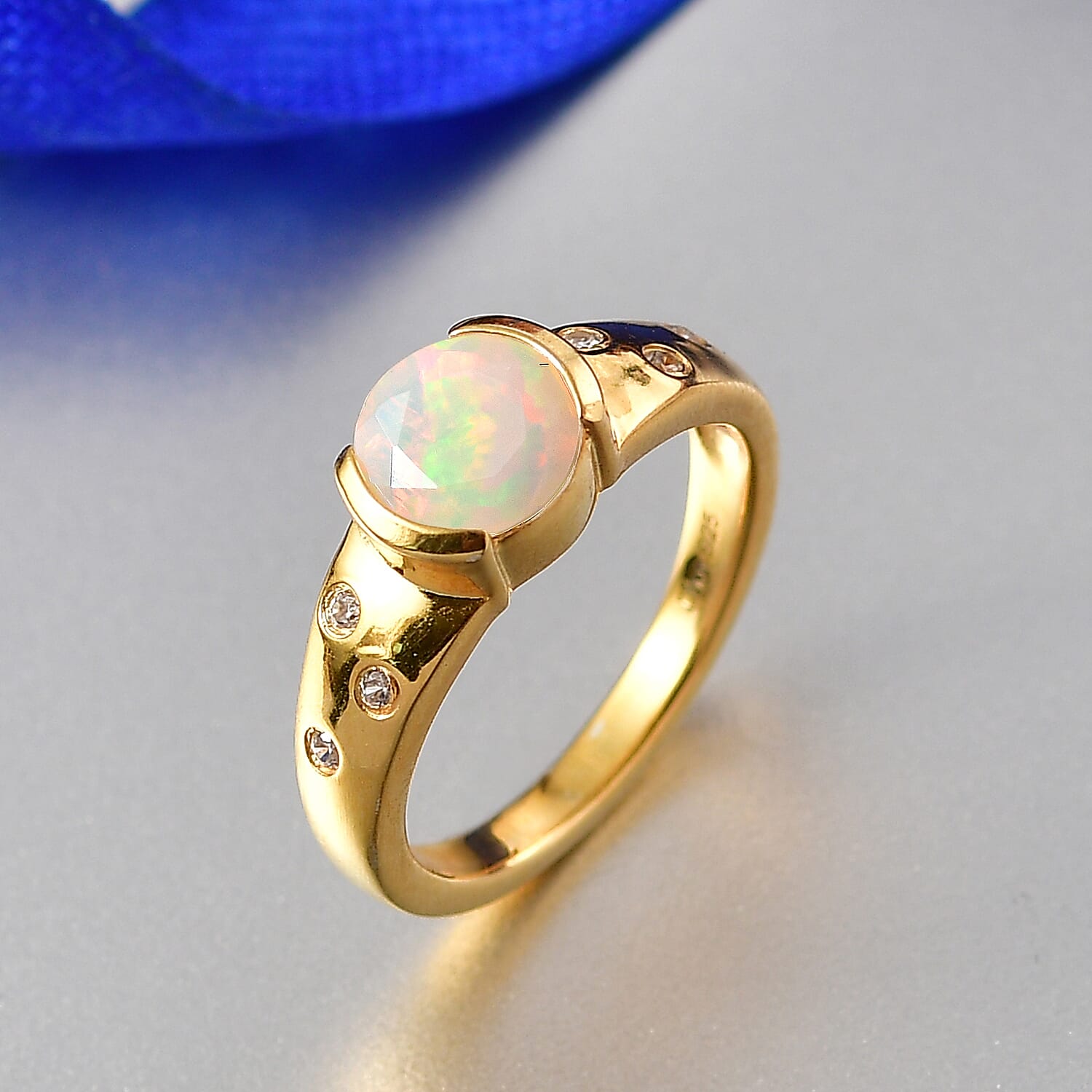 D'Joy Faceted Ethiopian Opal & White Zircon Ring in Yellow Gold Plated Sterling Silver 1.00 Ct.