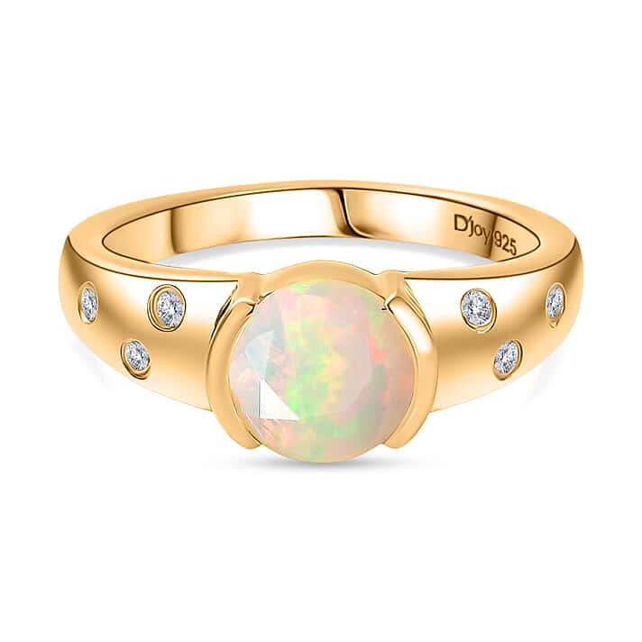 D'Joy Faceted Ethiopian Opal & White Zircon Solitaire Ring in Yellow Gold Plated Sterling Silver 0.90 Ct.