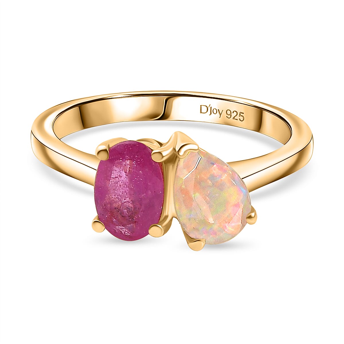 D'Joy Faceted Ethiopian Opal & Fissure Filled Pink Sapphire Toi et Moi Ring in Yellow Gold Plated Sterling Silver 1.60 Ct.