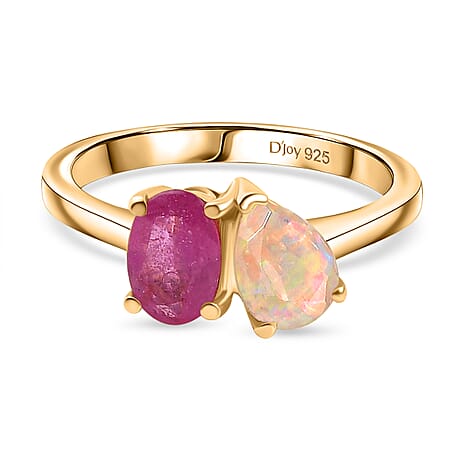 D'Joy Faceted Ethiopian Opal & Fissure Filled Pink Sapphire Toi et Moi Ring in Yellow Gold Plated Sterling Silver 1.60 Ct.