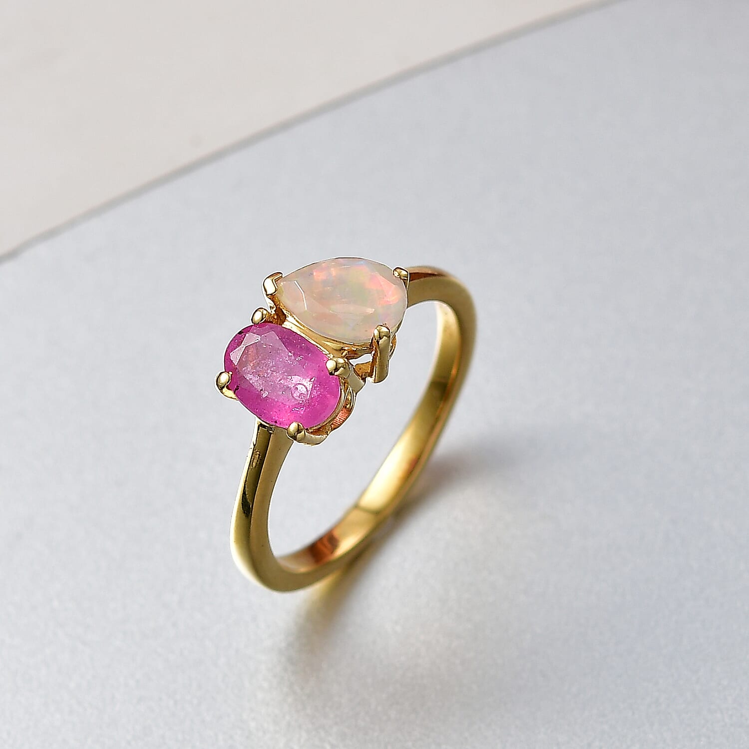 D'Joy Faceted Ethiopian Opal & Fissure Filled Pink Sapphire Toi et Moi Ring in Yellow Gold Plated Sterling Silver 1.60 Ct.
