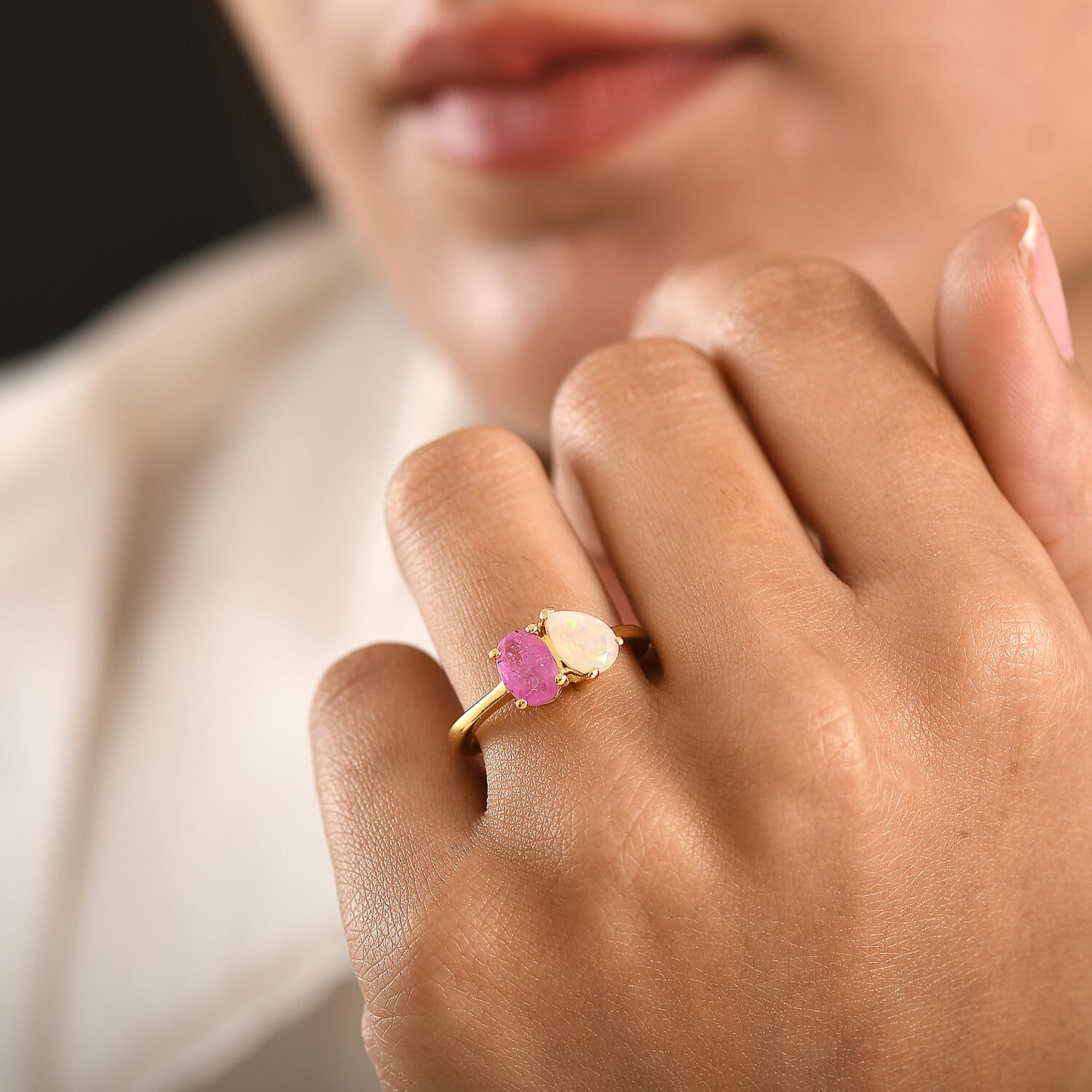 D'Joy Faceted Ethiopian Opal & Fissure Filled Pink Sapphire Toi et Moi Ring in Yellow Gold Plated Sterling Silver 1.60 Ct.