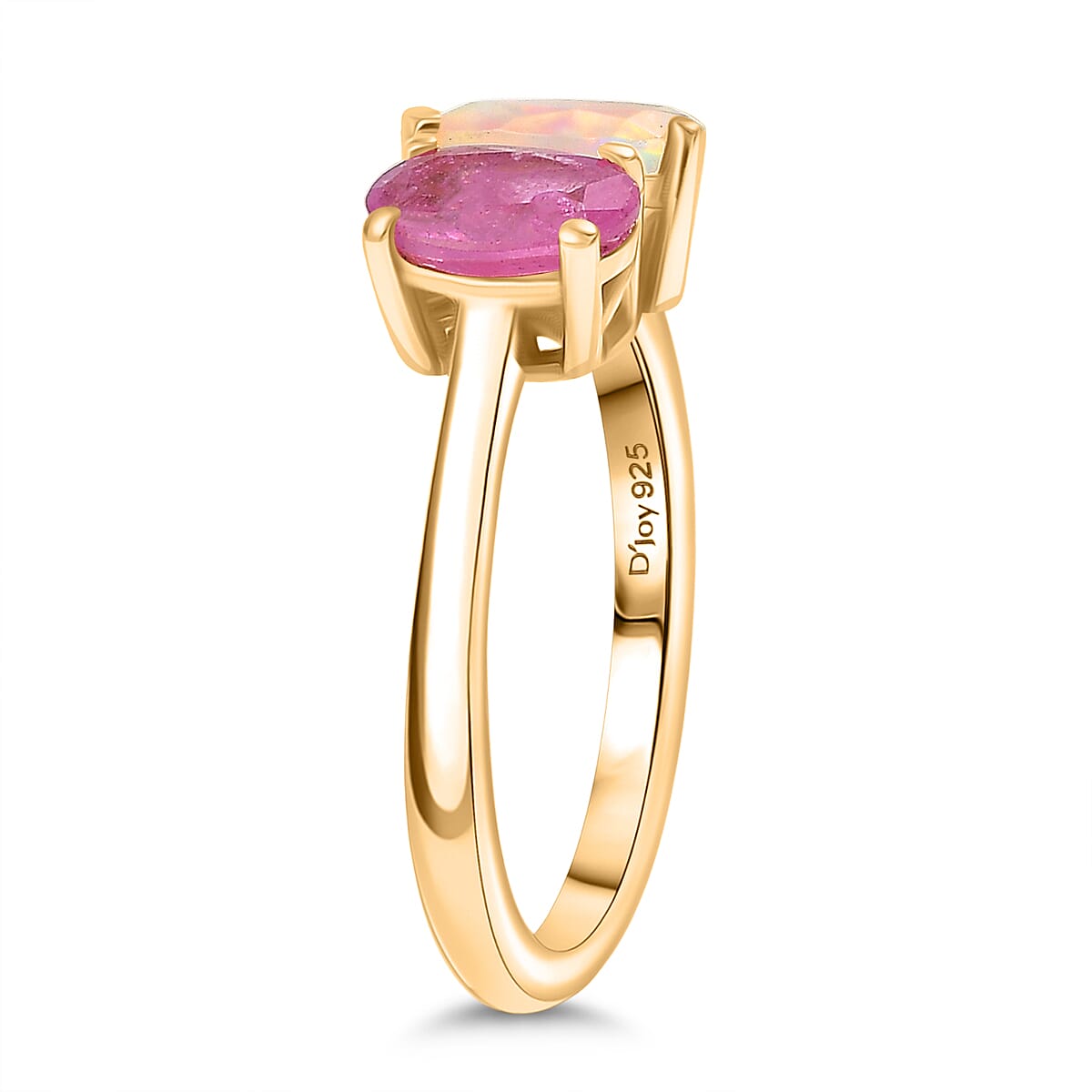 D'Joy Faceted Ethiopian Opal & Fissure Filled Pink Sapphire Toi et Moi Ring in Yellow Gold Plated Sterling Silver 1.60 Ct.