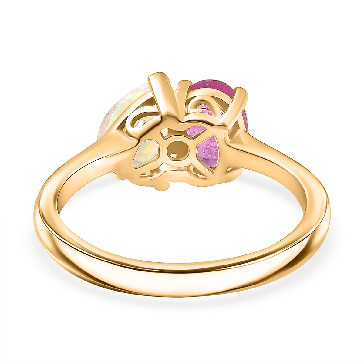 D'Joy Faceted Ethiopian Opal & Fissure Filled Pink Sapphire Toi et Moi Ring in Yellow Gold Plated Sterling Silver 1.60 Ct.