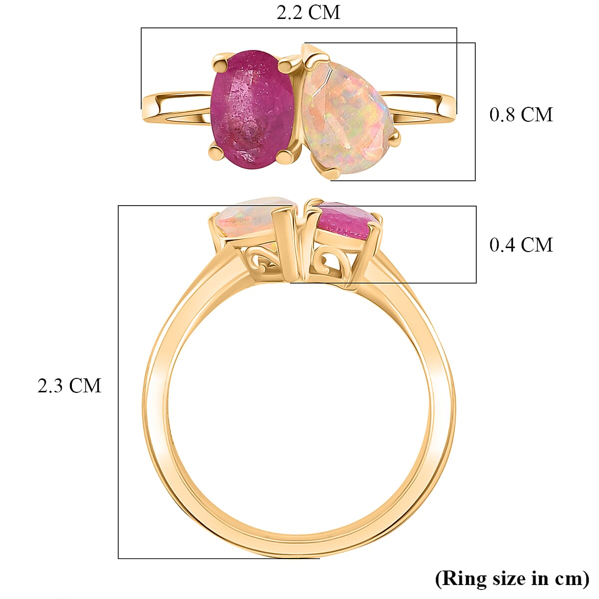 D'Joy Faceted Ethiopian Opal & Fissure Filled Pink Sapphire Toi et Moi Ring in Yellow Gold Plated Sterling Silver 1.60 Ct.