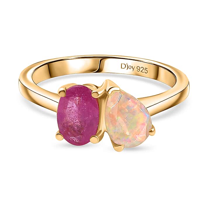 D'Joy Faceted Ethiopian Opal & Fissure Filled Pink Sapphire Toi et Moi Ring in Yellow Gold Plated Sterling Silver 1.60 Ct.
