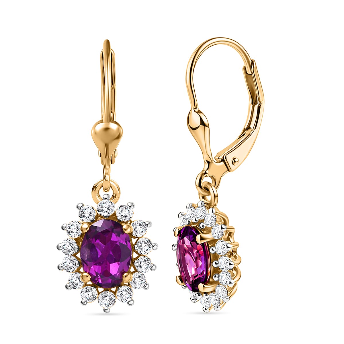 D'Joy Natural Royal Ember Garnet & Moissanite Sunburst Earrings with Lever Back in Yellow Gold Plated Sterling Silver 2.26 Ct.