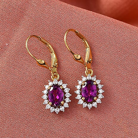 D'Joy Natural Royal Ember Garnet & Moissanite Sunburst Earrings with Lever Back in Yellow Gold Plated Sterling Silver 2.26 Ct.