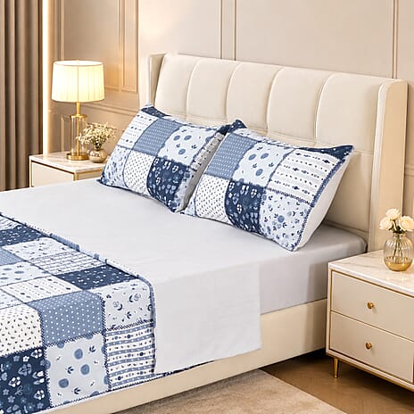 LIVMORE Set of 4 - Printed Duvet Cover Set - Inc. Duvet Cover, Fittted Sheet, & 2 x Pillowcases (Double, Size 200x200 cm) - Blue