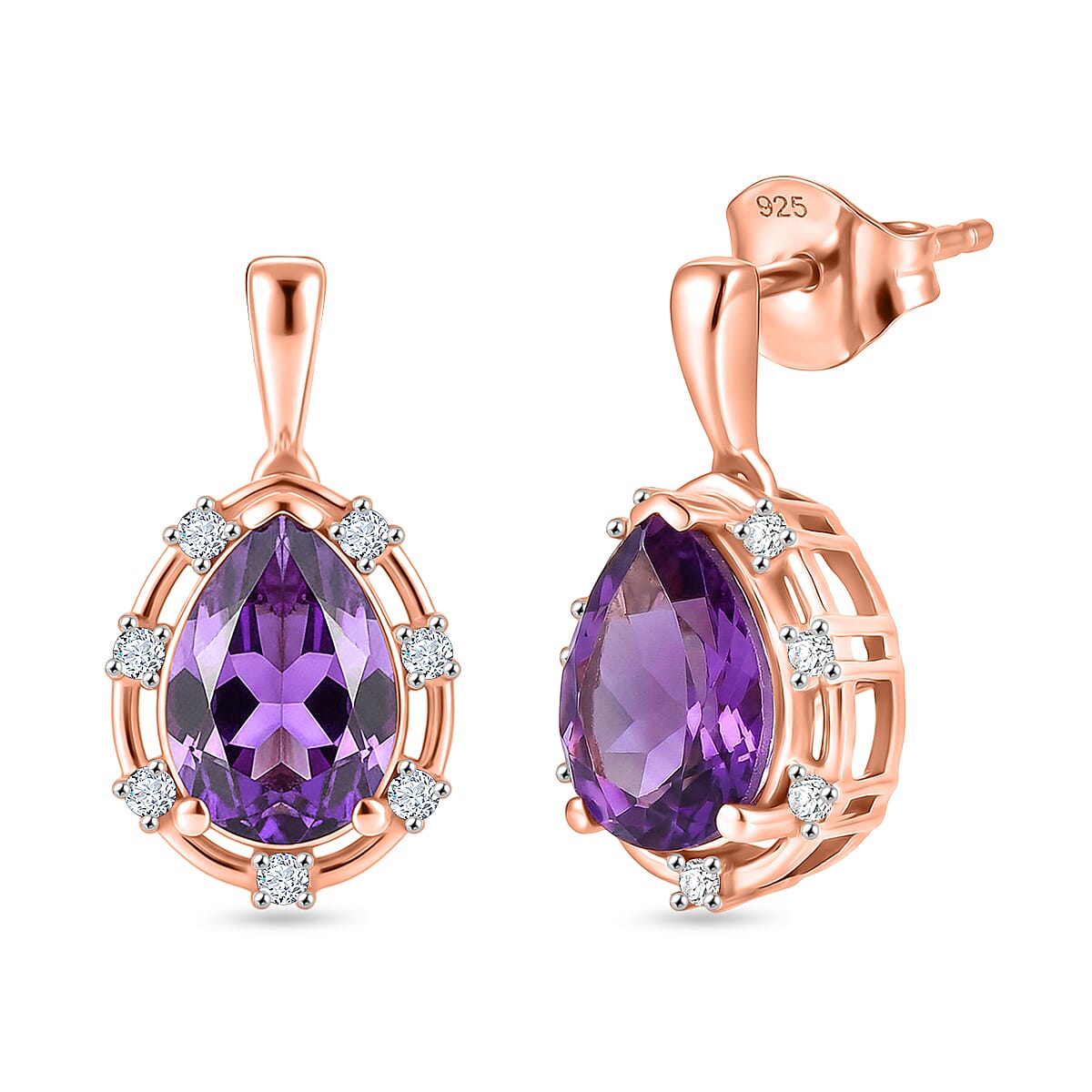 D'Joy AAA Rose De France Amethyst & White Zircon Dangling Earring with Push Post in Rose Gold Plated Sterling Silver 2.39 Ct.
