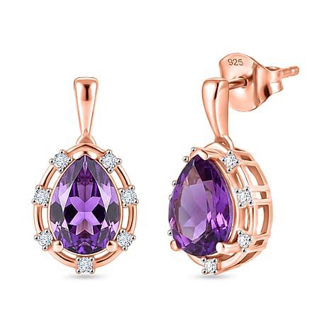 D'Joy AAA Rose De France Amethyst & White Zircon Dangling Earring with Push Post in Rose Gold Plated Sterling Silver 2.39 Ct.