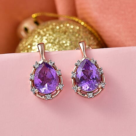 D'Joy AAA Rose De France Amethyst & White Zircon Dangling Earring with Push Post in Rose Gold Plated Sterling Silver 2.39 Ct.