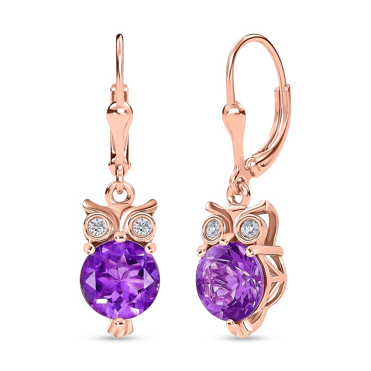 D'Joy Rose De France Amethyst & White Zircon Living Creature Earring with Lever Back in Rose Gold Plated Sterling Silver 3.74 Ct.