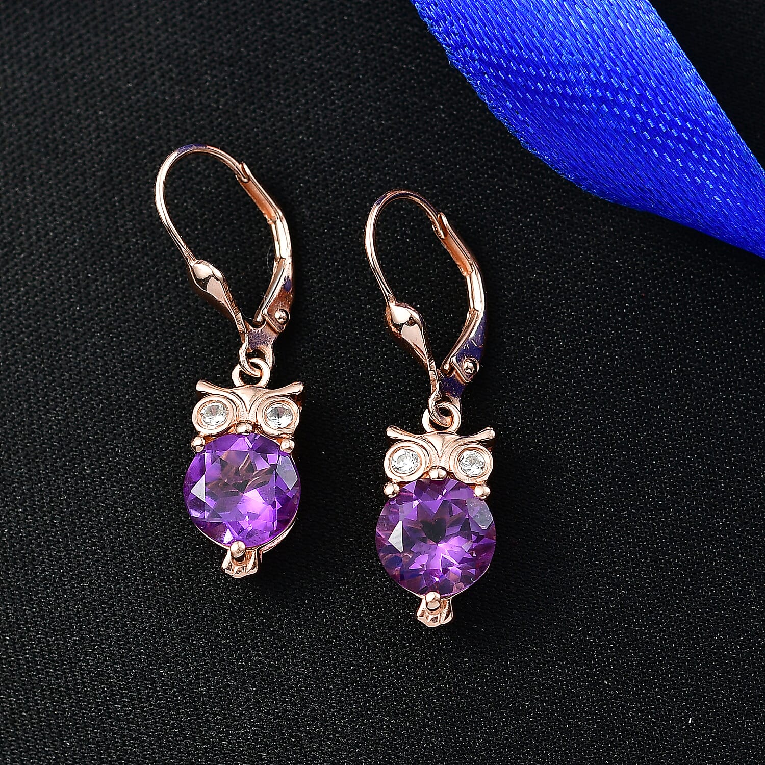 D'Joy Rose De France Amethyst & White Zircon Living Creature Earring with Lever Back in Rose Gold Plated Sterling Silver 3.74 Ct.