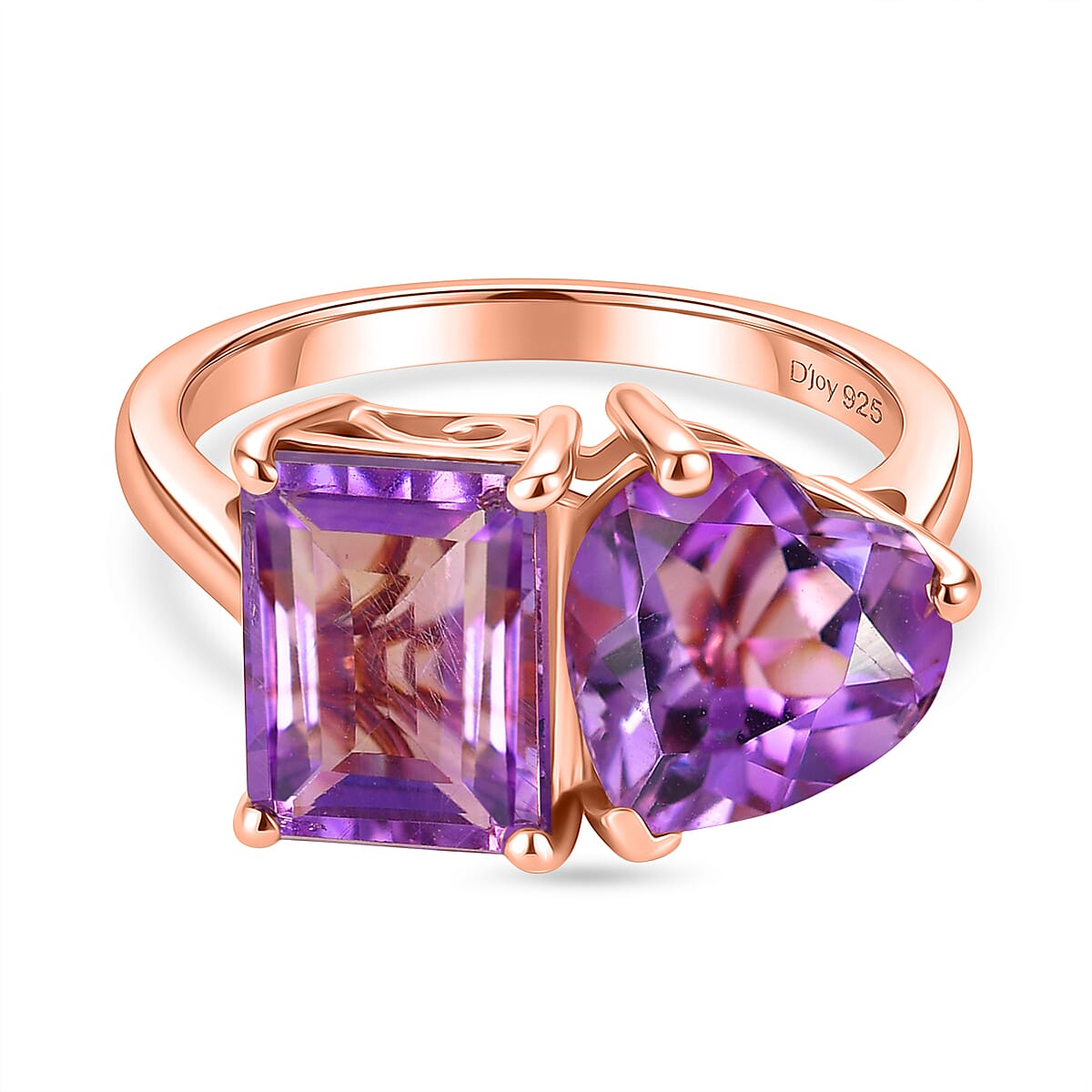D'Joy AAA Rose De France Amethyst Toi et Moi Ring in Rose Gold Plated Sterling Silver 4.80 Ct.